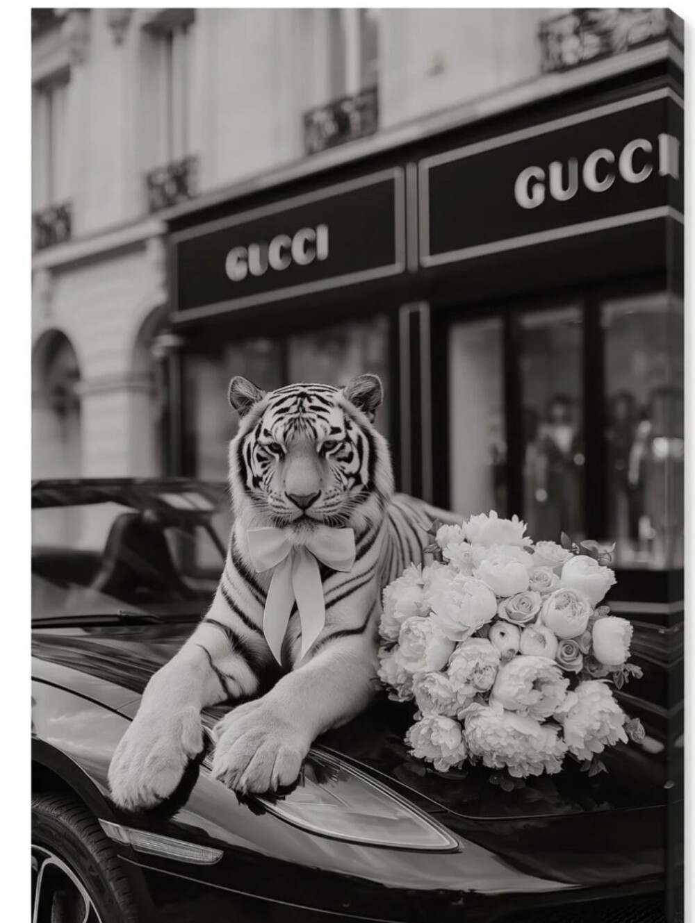 Design District Gucci White Tiger with Floral Bouquet Luxury Canvas Wall Decor